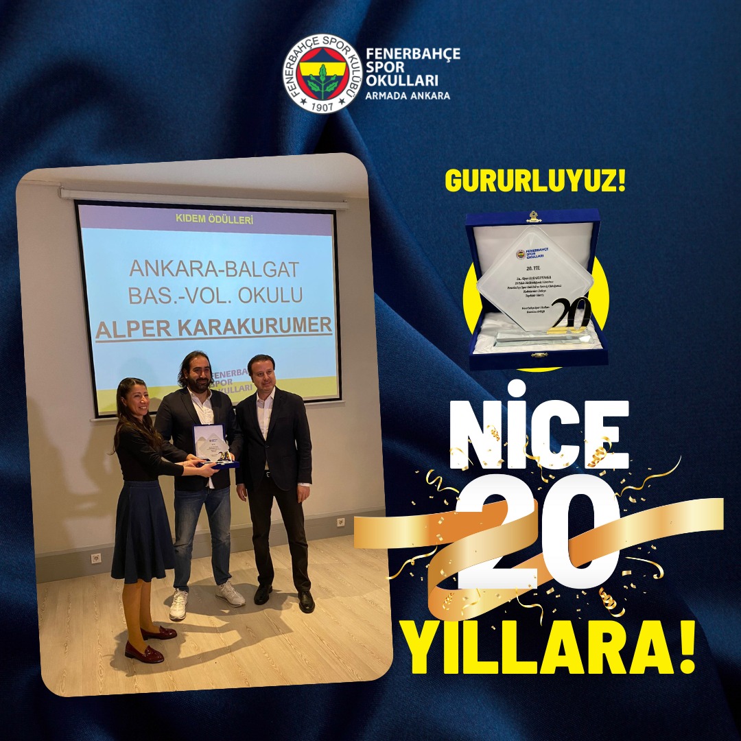 Fenerbahçe Ankara Basketbol, Voleybol, Futbol, Cimnastik ve Boks Okullarımız 20. yılını kutluyor. Gururluyuz, Mutluyuz. Fenerbahçe Spor Okulları Koordinatörlüğü tarafından düzenlenen organizasyonda 20. Yılını dolduran Spor Okulumuza plaket takdimi gerçekleştirildi. Fenerbahçe Spor Okullarından Sorumlu Yönetim Kurulu Üyesi Ömer Okan ile Fenerbahçe Spor Okulları Genel Koordinatörü Banu Dizdar'ın da yer aldığı organizasyonda, 20. yılımızı geride bırakmamız sebebi ile Kurucumuz Alper Karakurumer'e de ödülü Fenerbahçe Spor Kulübü Yönetim Kurulu Üyesi Ömer Okan tarafından takdim edildi.